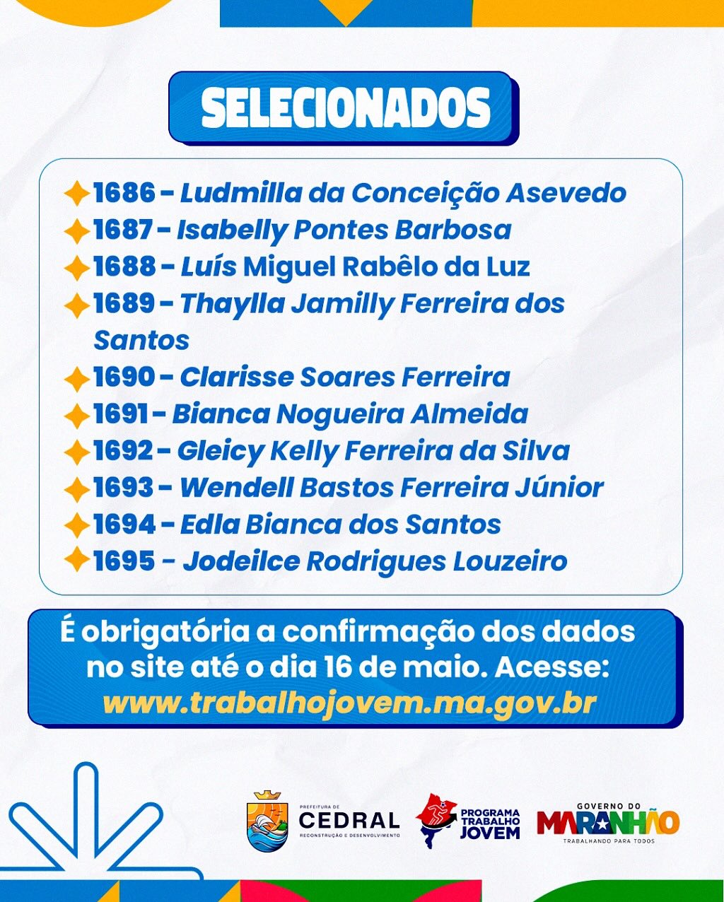 Os 10 jovens sorteados no Programa Trabalho Jovem
