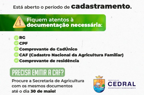 Atenção, agricultor e agricultora cedralense!